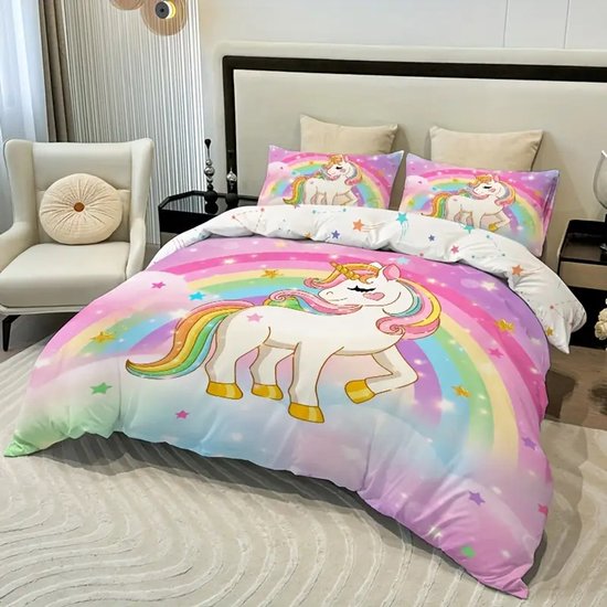 Vavida Dekbedovertrek - Eenpersoons - 140 x 200 - Eenhoorn - Gouden Manen - Unicorn - Kind - Meisje