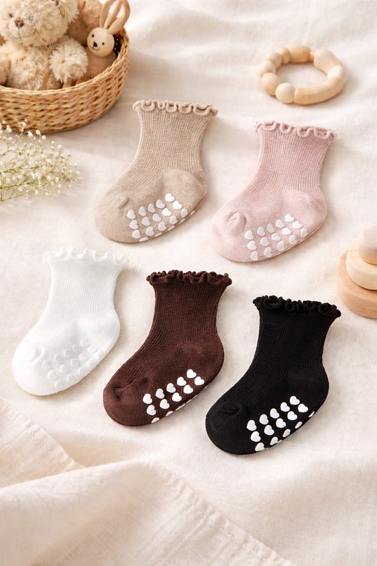 Vavida Anti Slip Sokken 1-3 Jaar - 5 Paar Peuter Sokken met Hartjes Grip - Antislip Sokken Baby - Beige - Taupe - Zwart - Wit
