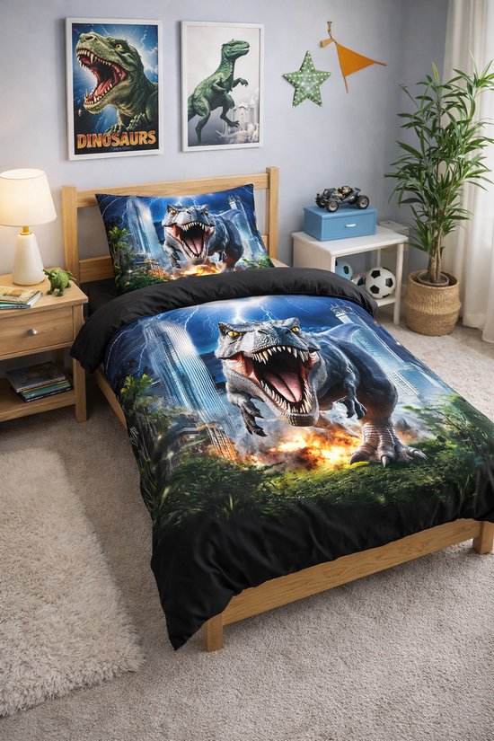 Vavida Dekbedovertrek - Eenpersoons 140 x 200 - Dinosaurus - Spannend - Jongenskamer - Jongens - Dino