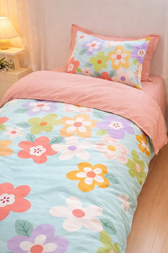 Vavida Dekbedovertrek - Eenpersoons 140 x 200 - Bloemen - Turquoise - Roze - Pastel