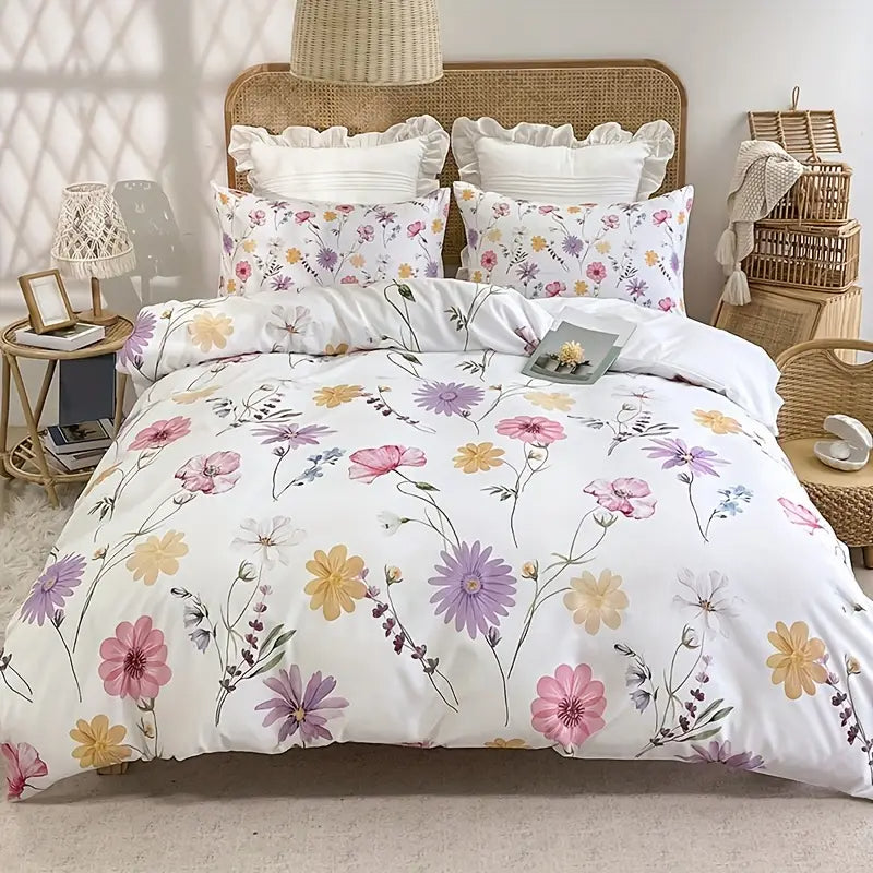 Eenpersoons Dekbedovertrek 140 x 200 - Bloemen - Geel - Roze - Paars