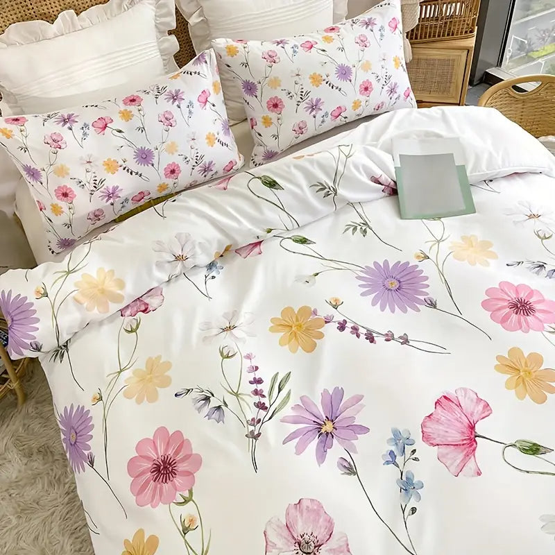Eenpersoons Dekbedovertrek 140 x 200 - Bloemen - Geel - Roze - Paars