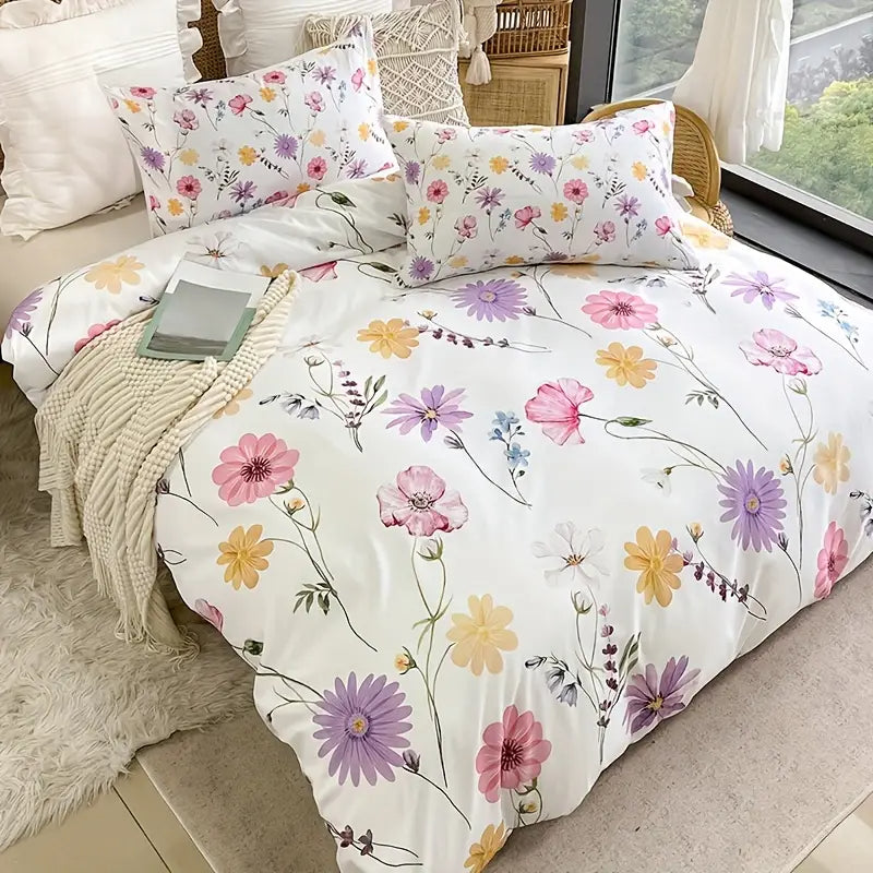 Eenpersoons Dekbedovertrek 140 x 200 - Bloemen - Geel - Roze - Paars
