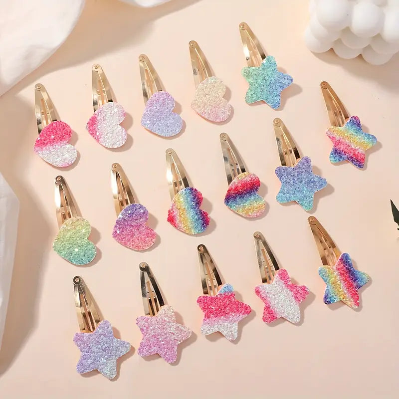 Haarspeldjes - 16 stuks - Hartjes en Sterren - Unicorn en Regenboog Kleuren - Meisjes - Haarclipjes
