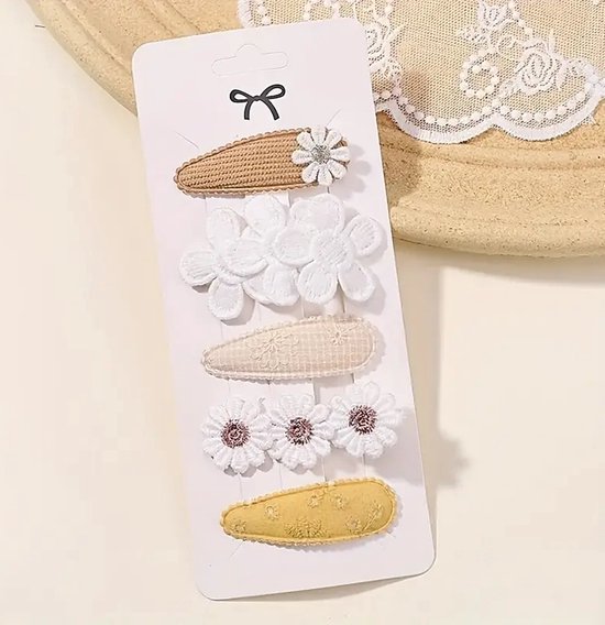 Haarspeldjes - 5 stuks - Bloemetjes - Meisjes - Leuk Als Cadeautje - Wit - Beige - Okergeel - Stijlvol - Goede Kwaliteit