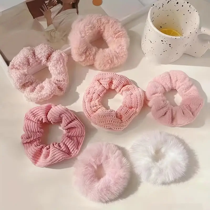 Set 7 Scrunchies - Roze - Lichtroze - Wit - Pluche - Teddy - Goede Kwaliteit - Leuk Als Cadeau