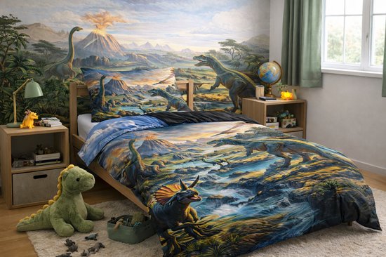Vavida Dekbedovertrek - Eenpersoons - 140 x 200 - Dinosaurus - Stegosaurus - T-Rex - Dino
