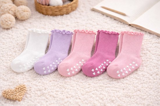 Vavida Anti Slip Sokken 1-3 Jaar - 5 Paar Peuter Sokken met Hartjes Grip - Antislip Sokken Baby - Roze - Lila - Wit