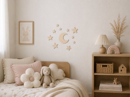 Vavida - Houten Wanddecoratie - Maan en Sterren - Moon and stars - Kinderkamer - Babykamer