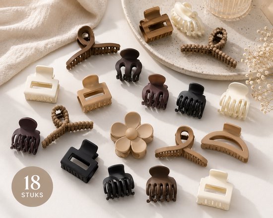 Vavida Haarklemmen - Set 18 Stuks - Bruin - Beige - Zwart - Stevig - Anti-Slip - Verschillende Maten - Leuk als Cadeau