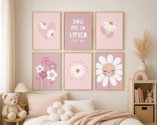 Wanddecoratie 25 x 20 cm - 6-delig - Bloemen - Hartjes - Roze - Poster - Meisje - Meisjeskamer - Babykamer - Wandkunst
