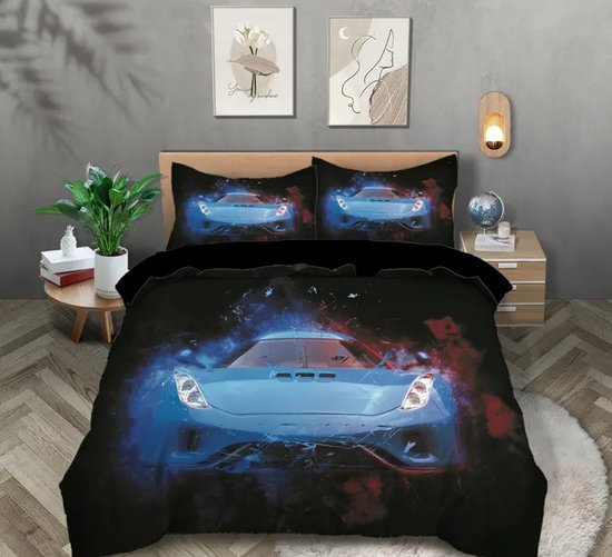 Eenpersoons Dekbedovertrek 140 x 200 - Midnight Racer - Auto - Mooie Kwaliteit - Jongens - Kind - Tiener - Volwassene