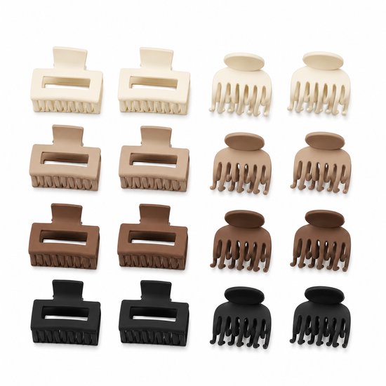 Vavida - Set 16 Haarklemmen - 4 cm - Anti-Slip - Dubbele Tanden - Bruin - Beige - Zwart
