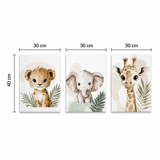 Wanddecoratie 30 x 40 cm - 3-delig - Luipaard - Olifant - Giraf - Poster - Meisje - - Babykamer - Posters