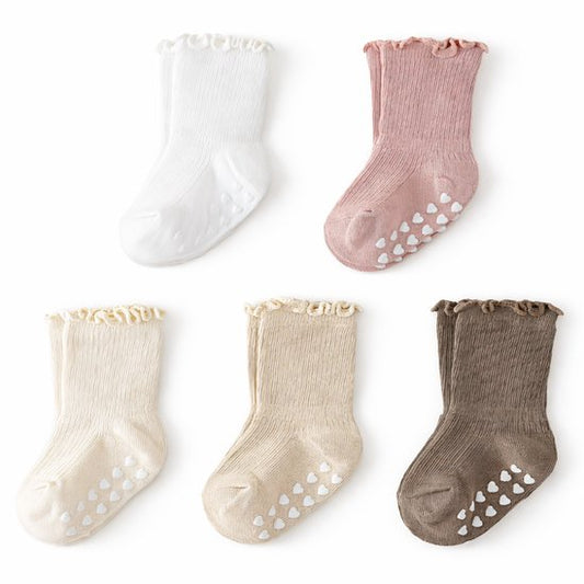 Vavida Anti Slip Sokken 1-3 Jaar - 5 Paar Peuter Sokken met Hartjes Grip - Antislip Sokken Baby - Beige - Roze - Wit