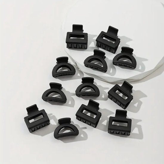 Vavida - Set 12 Zwarte Haarklemmen - Halfrond En Vierkant - 1,5 cm tot 2,5 cm - Anti-Slip Coating