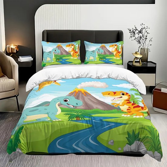 Eenpersoons Dekbedovertrek 140 x 200 - Dino - Dinosaurussen - Avontuur - Vulkaan - Mooie Kwaliteit - Kind