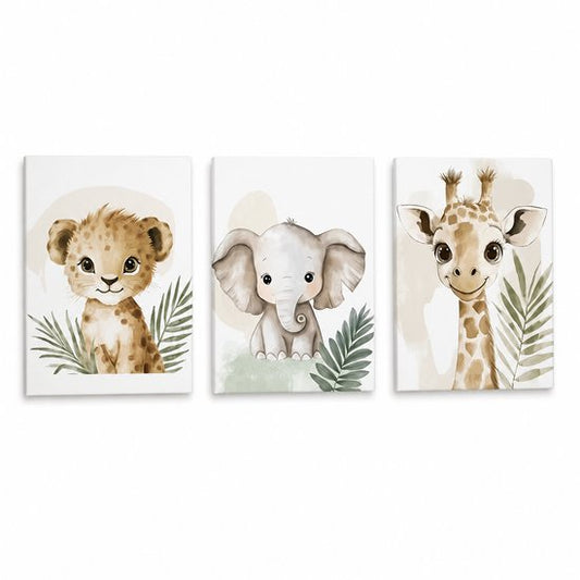 Wanddecoratie 30 x 40 cm - 3-delig - Luipaard - Olifant - Giraf - Poster - Meisje - - Babykamer - Posters