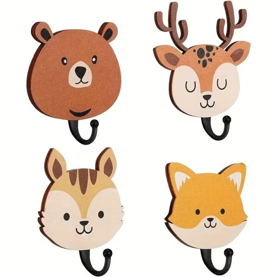 Vavida Wandhaakjes - Hout - Kinderkamer - 4 Stuks - Kraamcadeau - 8 cm hoog - Babykamer