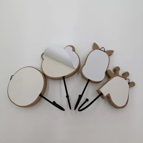 Vavida Wandhaakjes - Hout - Kinderkamer - 4 Stuks - Zebra, Leeuw, Tijger, Giraf - 13 cm