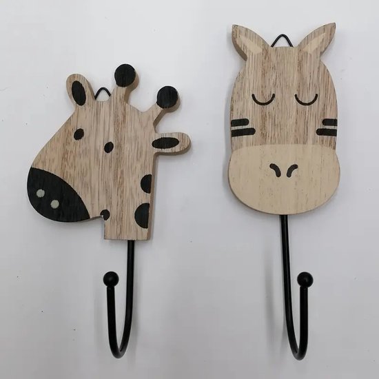 Vavida Wandhaakjes - Hout - Kinderkamer - 4 Stuks - Zebra, Leeuw, Tijger, Giraf - 13 cm