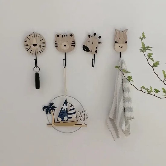 Vavida Wandhaakjes - Hout - Kinderkamer - 4 Stuks - Zebra, Leeuw, Tijger, Giraf - 13 cm