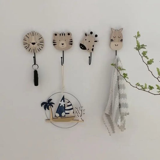 Vavida Wandhaakjes - Hout - Kinderkamer - 4 Stuks - Zebra, Leeuw, Tijger, Giraf - 13 cm
