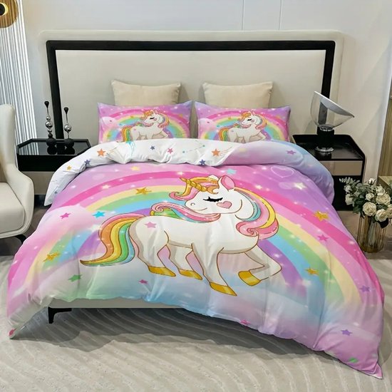 Vavida Dekbedovertrek - Eenpersoons - 140 x 200 - Eenhoorn - Gouden Manen - Unicorn - Kind - Meisje
