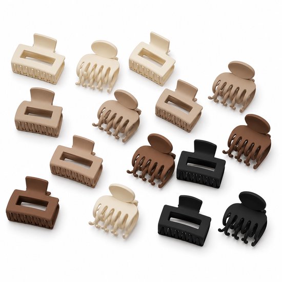 Vavida - Set 16 Haarklemmen - 4 cm - Anti-Slip - Dubbele Tanden - Bruin - Beige - Zwart