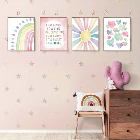 Wanddecoratie 25 x 20 cm - 4-delig - Zon - Hartjes - Regenboog - Boho - Poster - Meisje - Meisjeskamer - Babykamer - Wandkunst