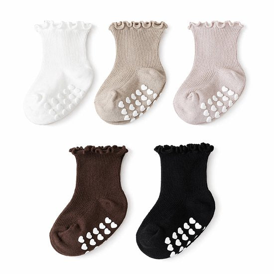 Vavida Anti Slip Sokken 1-3 Jaar - 5 Paar Peuter Sokken met Hartjes Grip - Antislip Sokken Baby - Beige - Taupe - Zwart - Wit