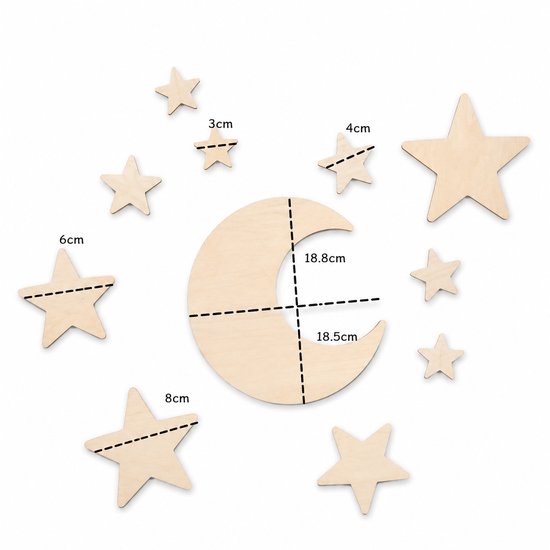 Vavida - Houten Wanddecoratie - Maan en Sterren - Moon and stars - Kinderkamer - Babykamer