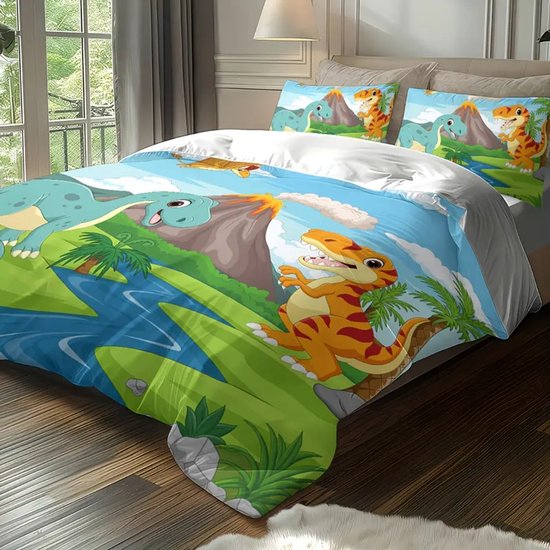 Eenpersoons Dekbedovertrek 140 x 200 - Dino - Dinosaurussen - Avontuur - Vulkaan - Mooie Kwaliteit - Kind