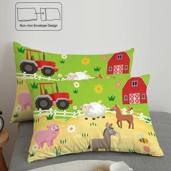 Eenpersoons Dekbedovertrek 140 x 200 - Dieren - Boerderij - Boerderijdieren - Varken - Ezel - Koe - Schaap - Mooie Kwaliteit - Kind