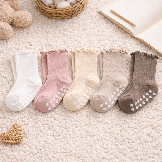 Vavida Anti Slip Sokken 1-3 Jaar - 5 Paar Peuter Sokken met Hartjes Grip - Antislip Sokken Baby - Beige - Roze - Wit