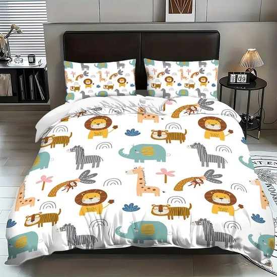 Vavida Dekbedovertrek - Eenpersoons - 140 x 200 - Safari - Olifant - Giraf - Zebra - Leeuw - Peuter - Kleuter - Kind