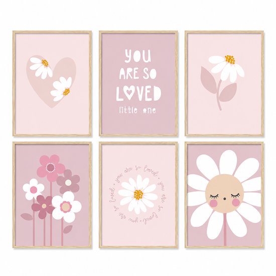 Wanddecoratie 25 x 20 cm - 6-delig - Bloemen - Hartjes - Roze - Poster - Meisje - Meisjeskamer - Babykamer - Wandkunst