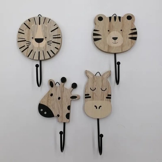 Vavida Wandhaakjes - Hout - Kinderkamer - 4 Stuks - Zebra, Leeuw, Tijger, Giraf - 13 cm