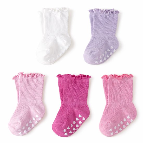 Vavida Anti Slip Sokken 1-3 Jaar - 5 Paar Peuter Sokken met Hartjes Grip - Antislip Sokken Baby - Roze - Lila - Wit