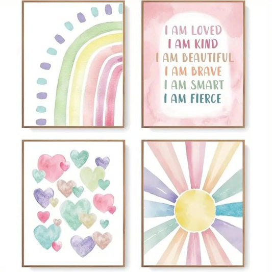 Wanddecoratie 25 x 20 cm - 4-delig - Zon - Hartjes - Regenboog - Boho - Poster - Meisje - Meisjeskamer - Babykamer - Wandkunst