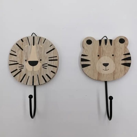 Vavida Wandhaakjes - Hout - Kinderkamer - 4 Stuks - Zebra, Leeuw, Tijger, Giraf - 13 cm