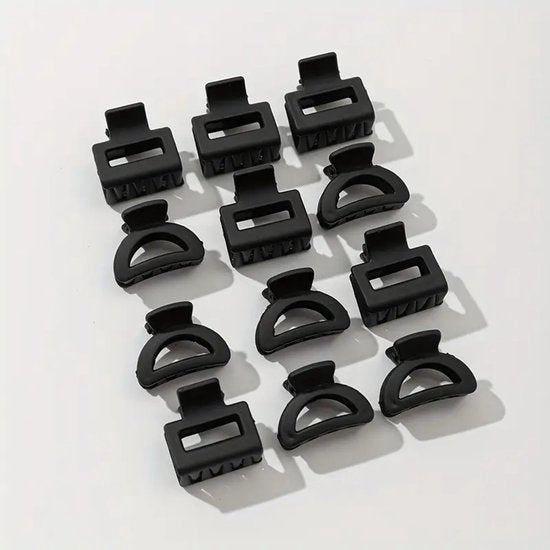 Vavida - Set 12 Zwarte Haarklemmen - Halfrond En Vierkant - 1,5 cm tot 2,5 cm - Anti-Slip Coating