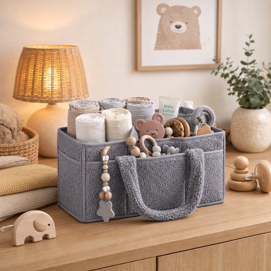Vavida - Commodemandje - Grijs - Teddy - 40 x 26 x 17 cm - Babykamer - Baby - Commode - Mandje