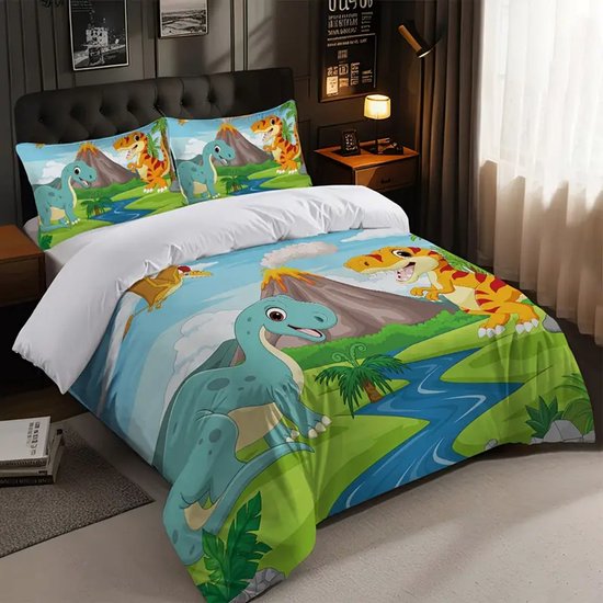 Eenpersoons Dekbedovertrek 140 x 200 - Dino - Dinosaurussen - Avontuur - Vulkaan - Mooie Kwaliteit - Kind