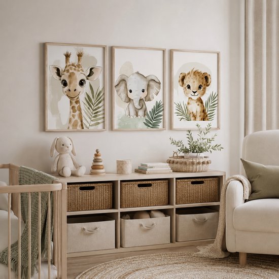 Wanddecoratie 30 x 40 cm - 3-delig - Luipaard - Olifant - Giraf - Poster - Meisje - - Babykamer - Posters