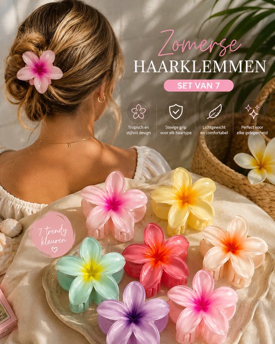 Vavida - Haarklemmen Bloemen - 7 Stuks - Glanzend - Stevig - Zomer - 8 cm - Cadeau - Hawaii - Haaraccessoires