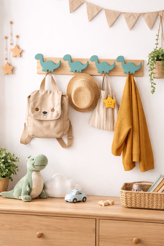 Vavida Wandhaakjes - Hout - Kinderkamer - 4 Stuks - Dinosaurus - 40 cm - Dino
