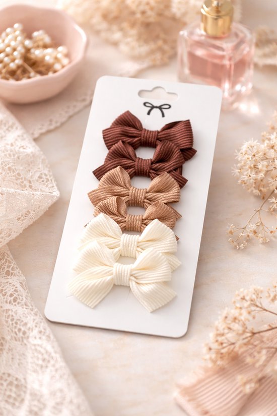 Vavida Haarspeldjes - 6 stuks - Strikjes - Meisjes - Leuk Als Cadeautje - Donkerbruin - Lichtbruin - Beige