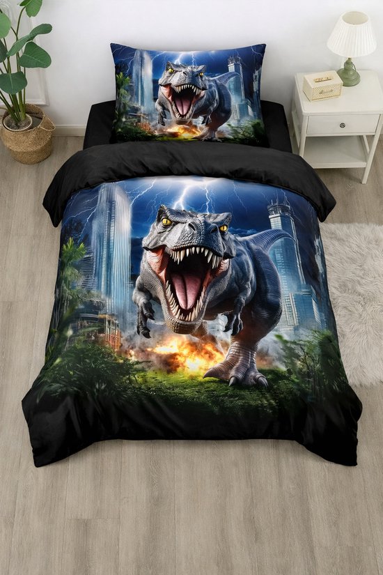 Vavida Dekbedovertrek - Eenpersoons 140 x 200 - Dinosaurus - Spannend - Jongenskamer - Jongens - Dino