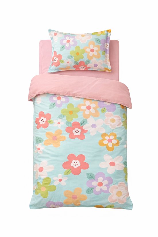 Vavida Dekbedovertrek - Eenpersoons 140 x 200 - Bloemen - Turquoise - Roze - Pastel